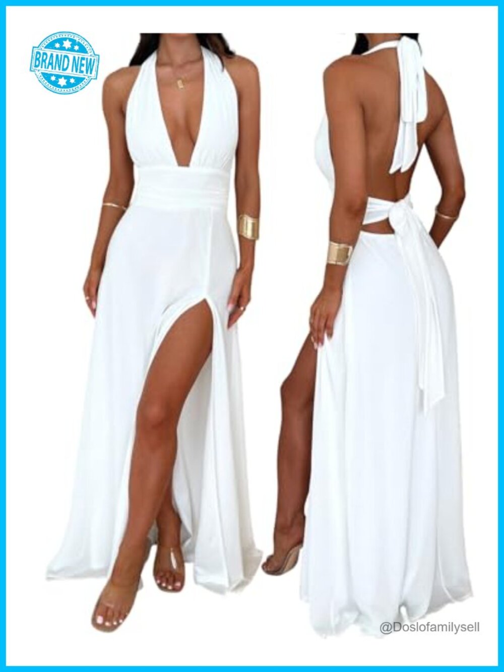 Halter Flowy Chiffon Maxi Dress Slit Open Back Wedding Guest